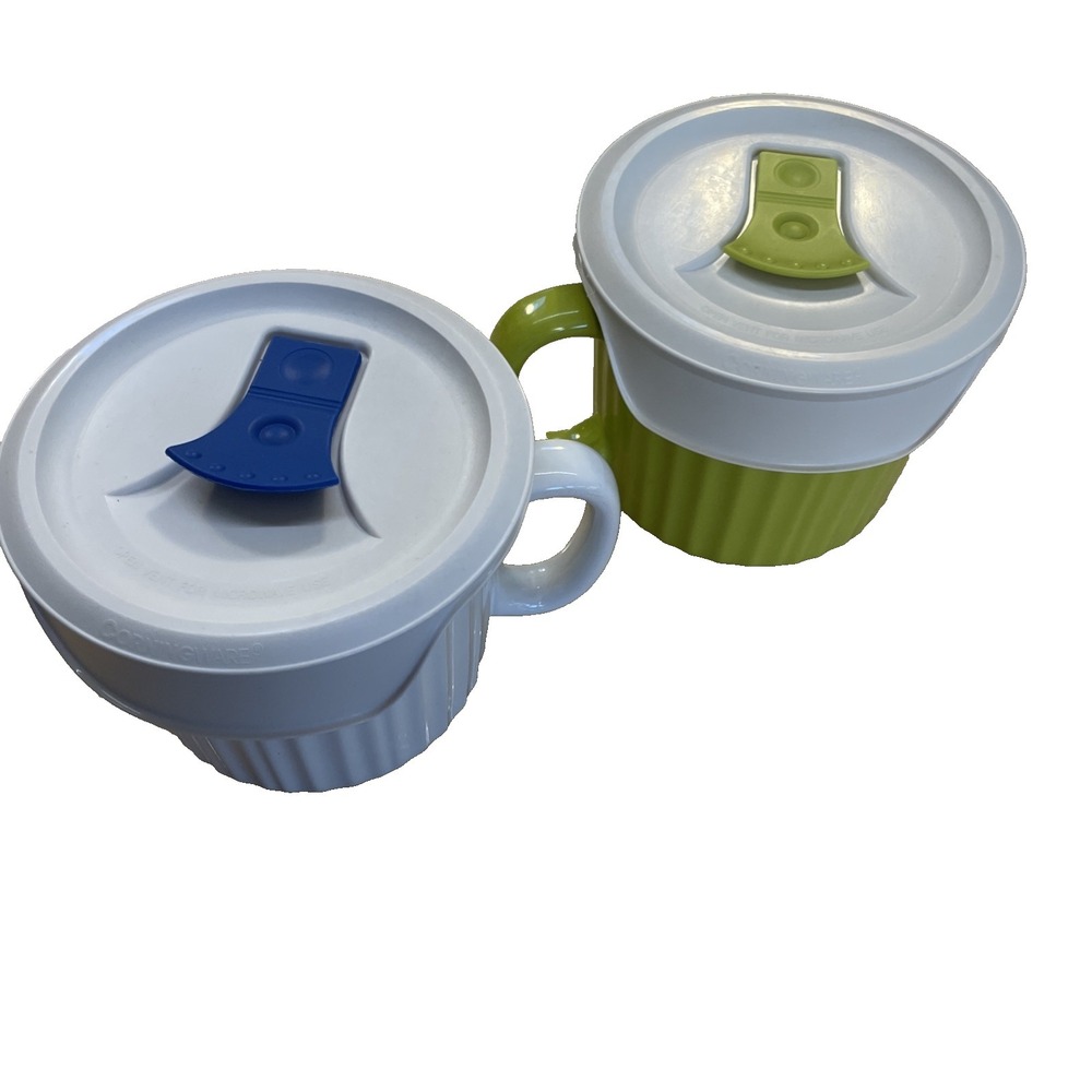 CorningWare Stoneware Soup Mug Vented Lid FrenchWhite, Lime Green 20oz Set Of 2